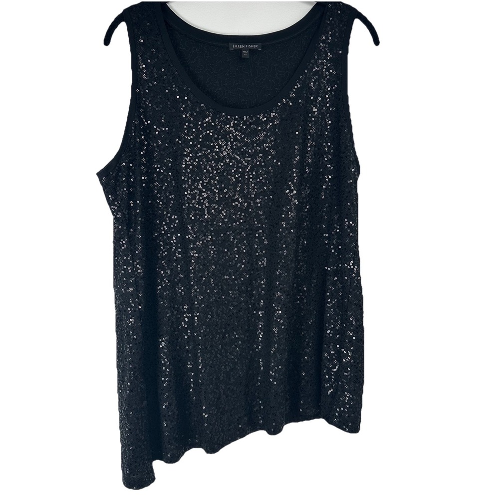 Eileen Fisher Sleeveless Top Size Medium Black Silk Sequin Asymmetrical Party‎